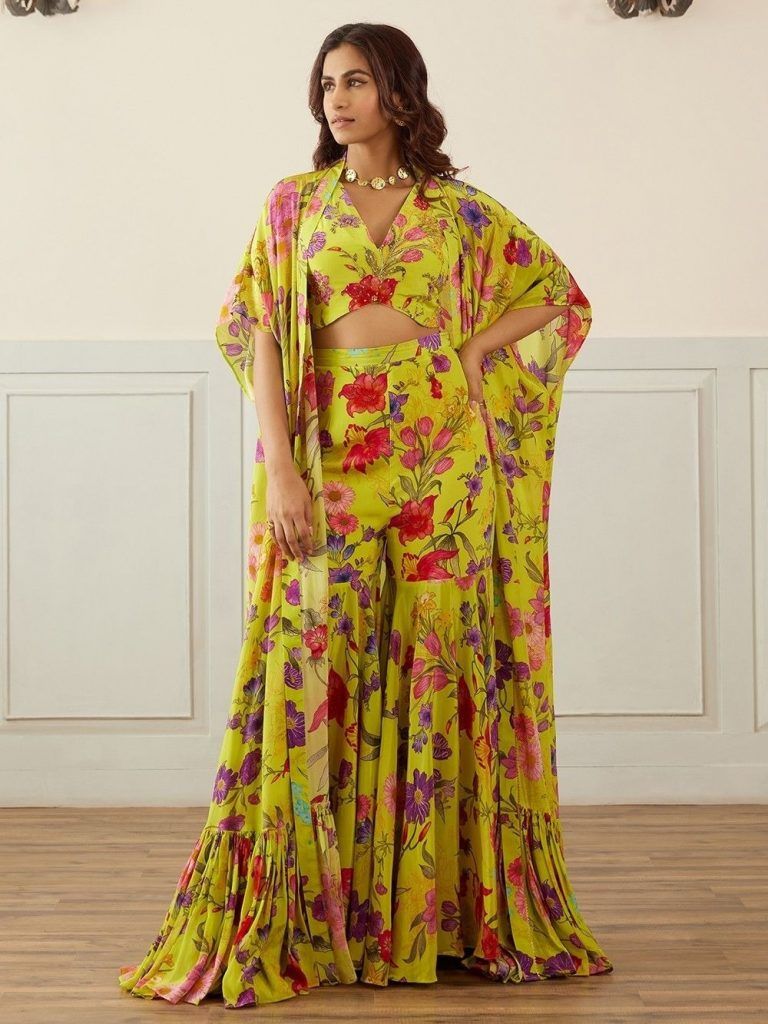 Lime Green Printed Crepe Hand Embroidered Blouse with Cape and Sharara - Set