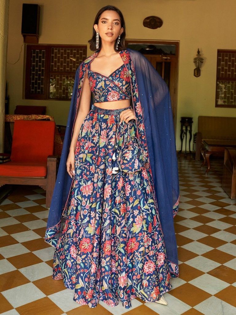 Blue Hand Embroidered Chiffon Printed Lehenga Set
