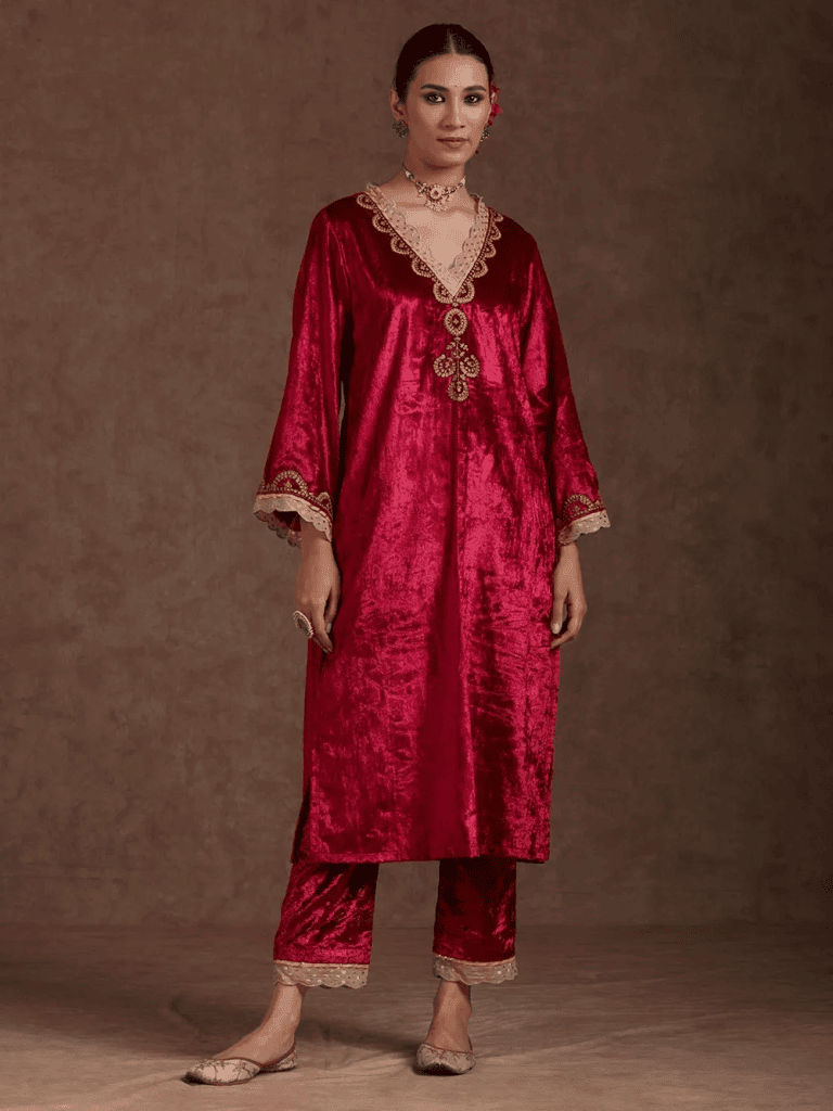 Fuchsia Embroidered Velvet Scalloped Kurta with Pants