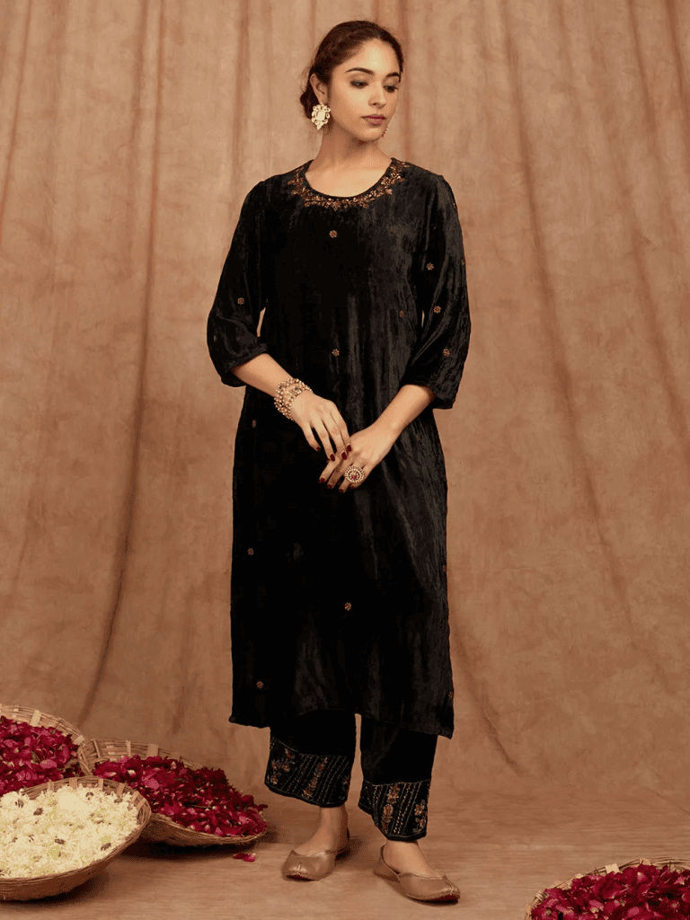 Black Embroidered Velvet Kurta with Pants