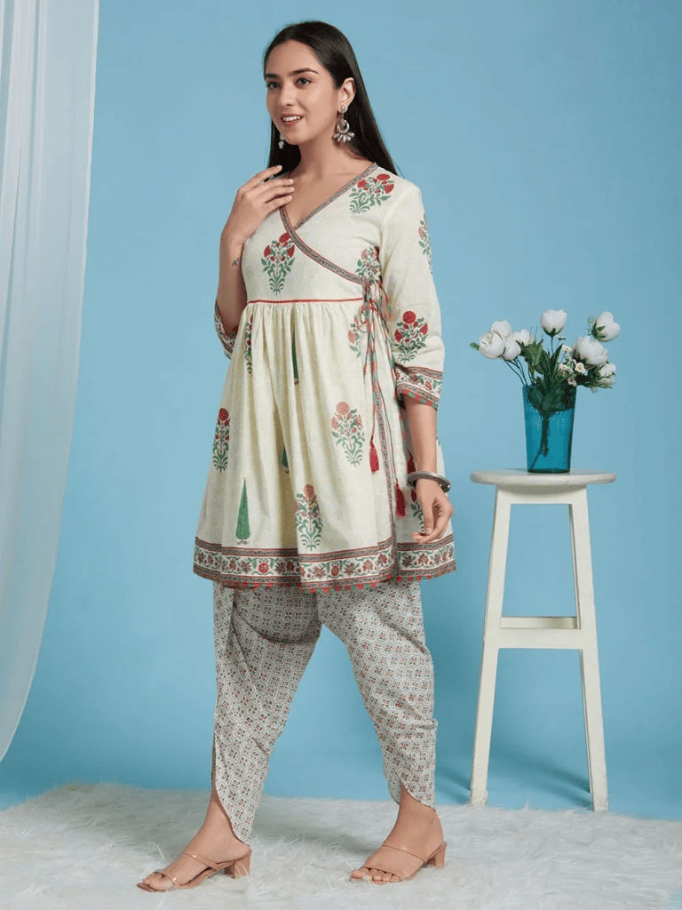 Off White Green Hand Block Printed Cotton Angrakha Kurta