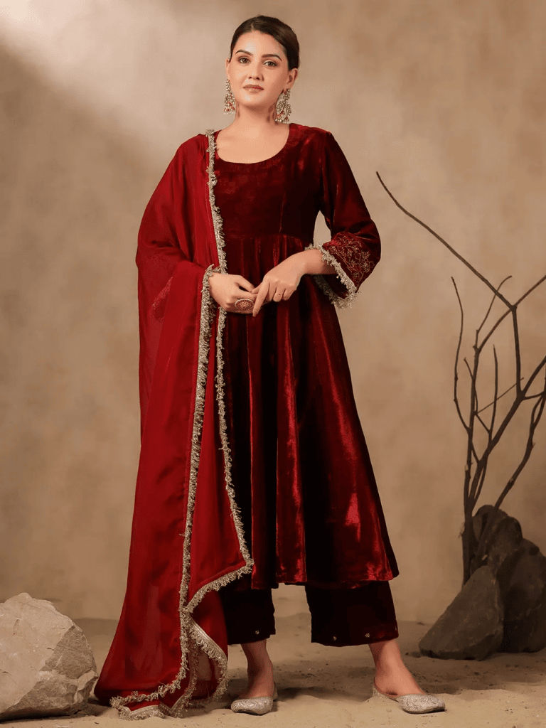 Maroon Embroidered Velvet Suit