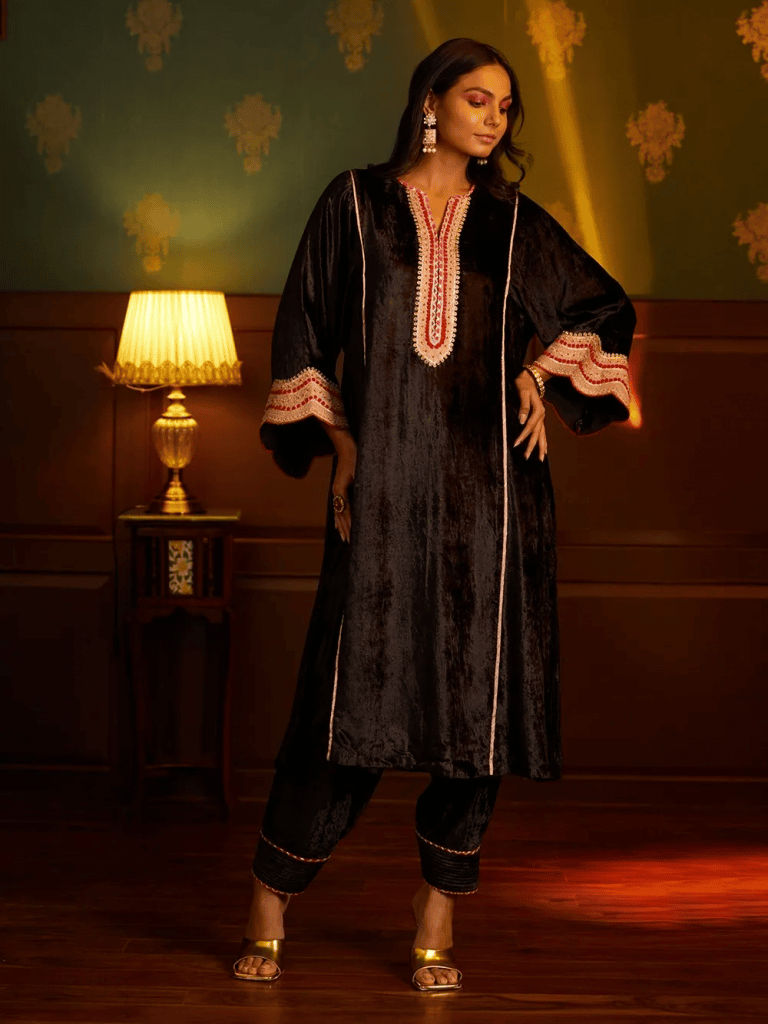 Black Embroidered Velvet Choga with Salwar