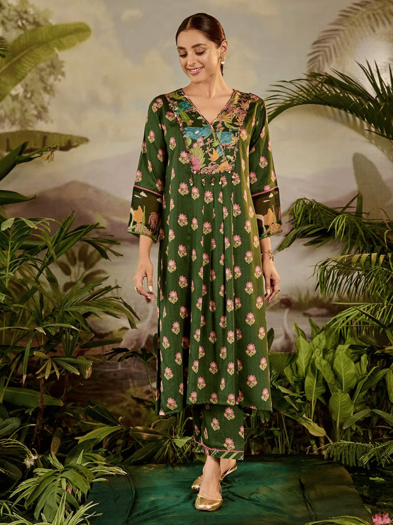 Green Printed Modal Satin Hand Embroidered Kurta with Pants