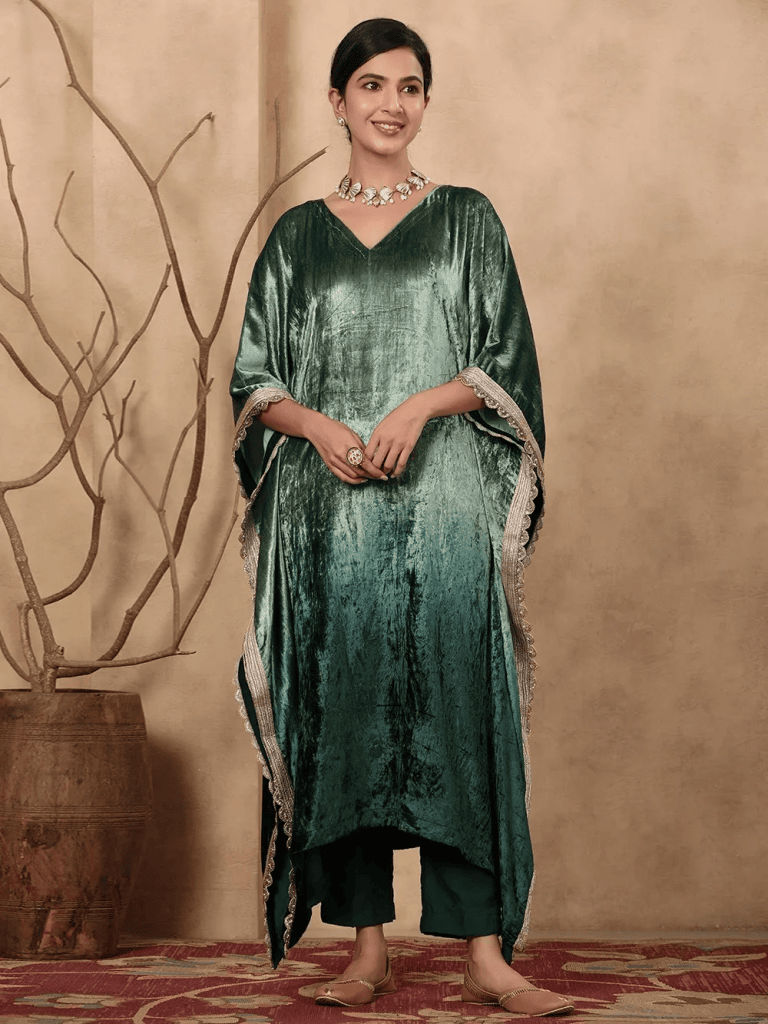 Green Ombre Dyed Viscose Velvet Zari Embroidered Kaftan