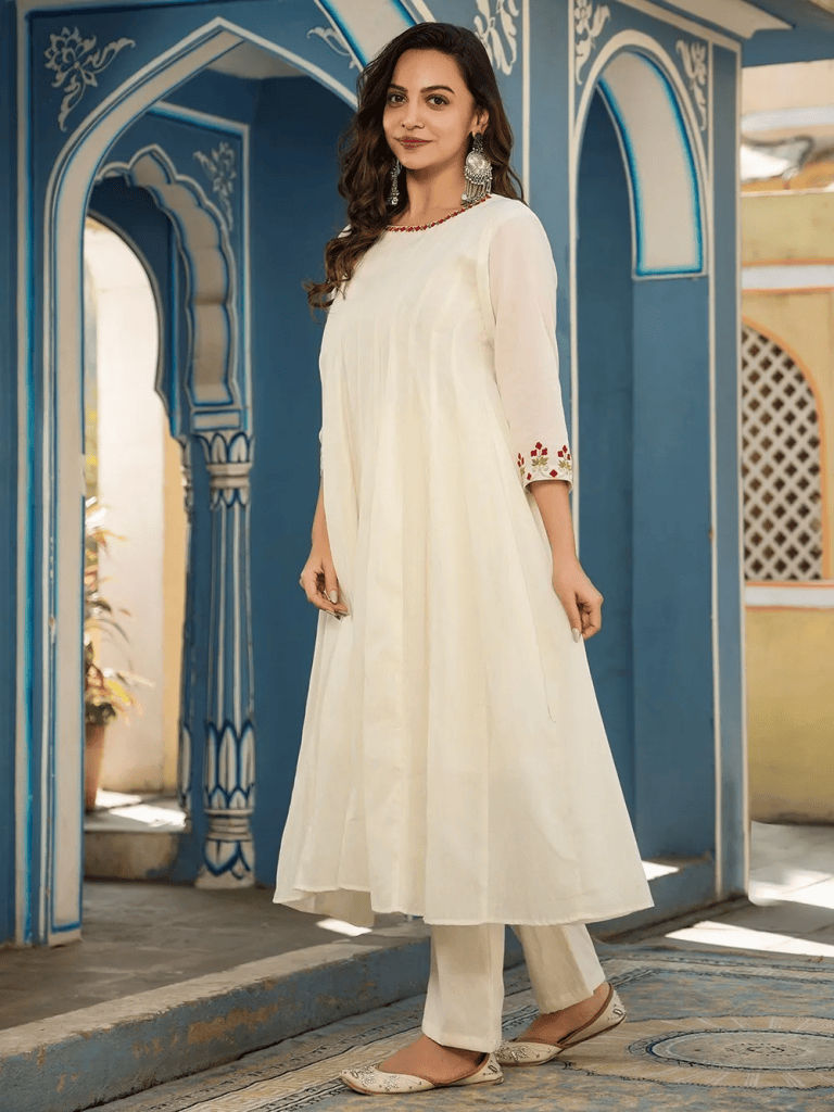 White Embroidered Cotton Anarkali Kurta with Pants