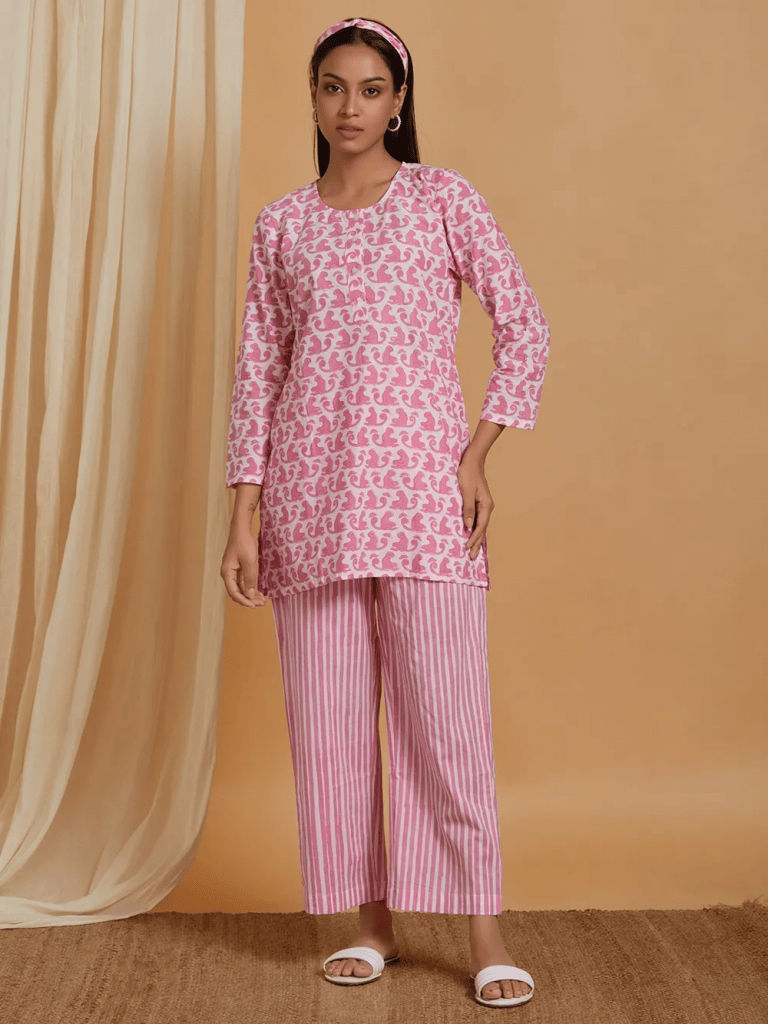 Pink Hand Block Printed Cotton Lounge Wear