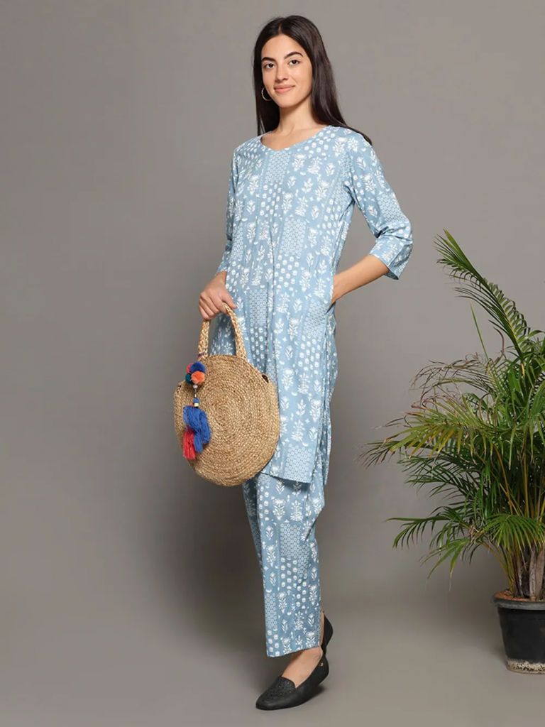 Powder Blue Printed Cotton Co-ord Set