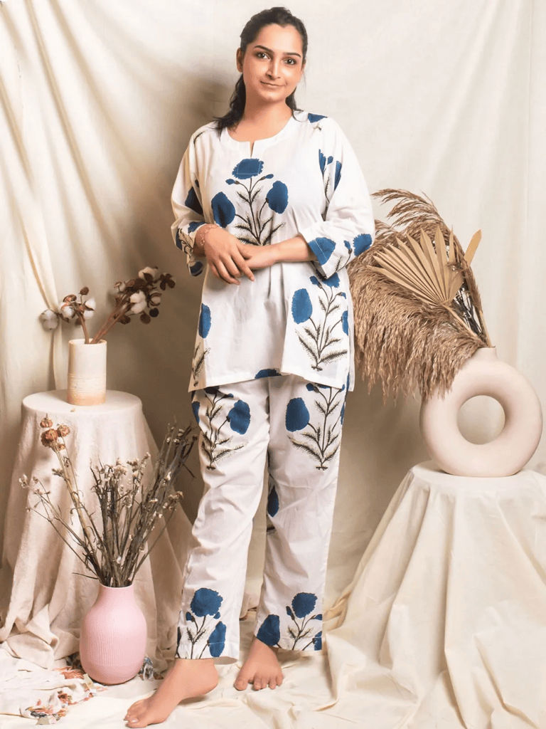 White Hand Block Printed Cambric Cotton Lounge Wear