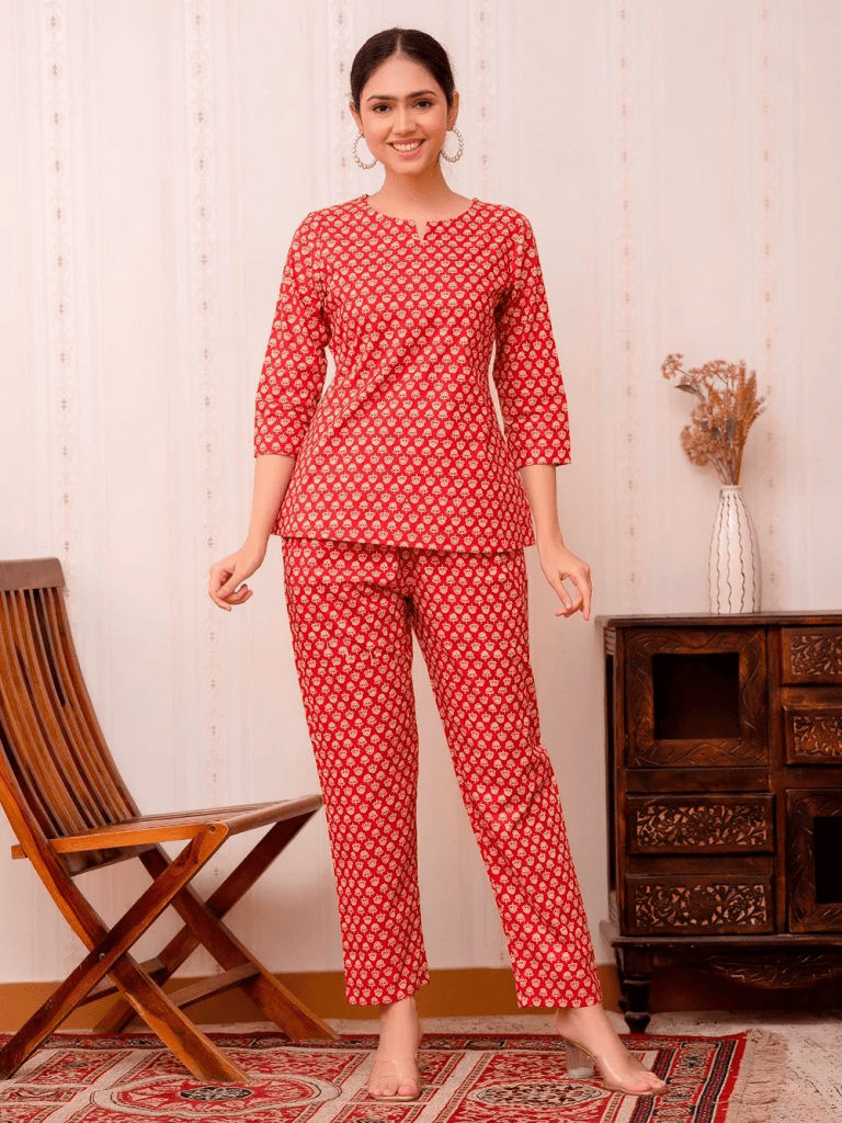 Red Printed Cotton Lounge Wear