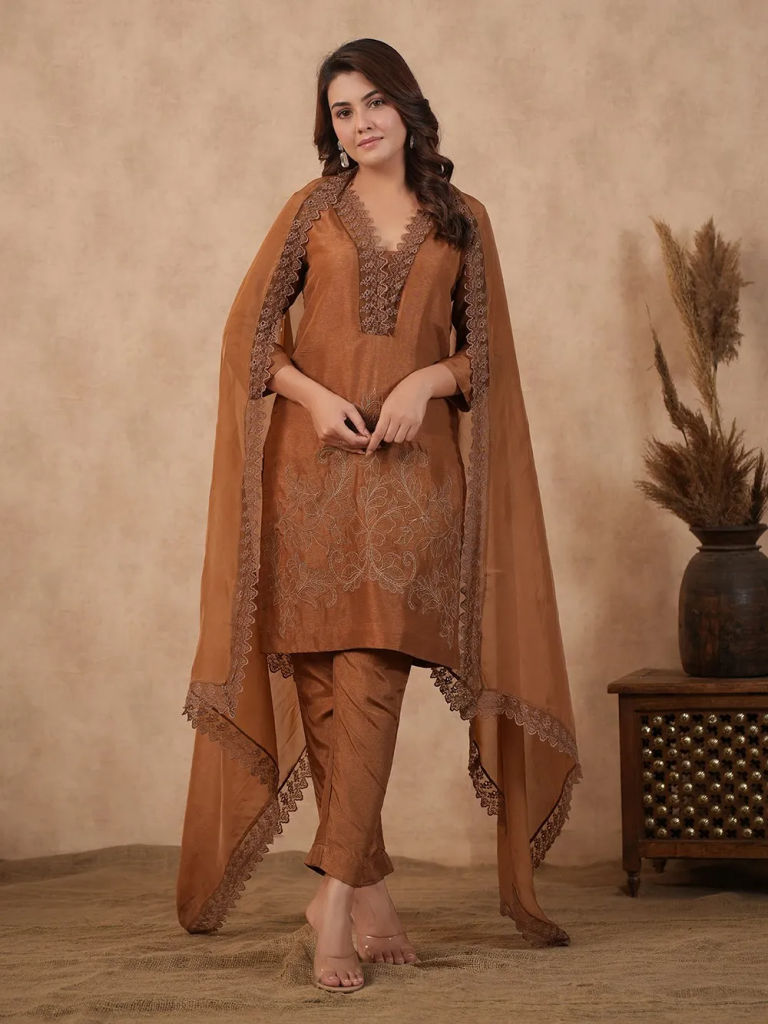 Brown Embroidered Silk Suit