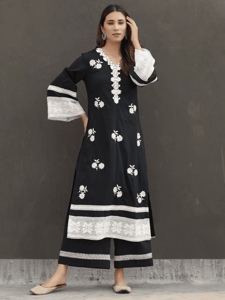 Black Embroidered Cotton Kurta with Palazzo