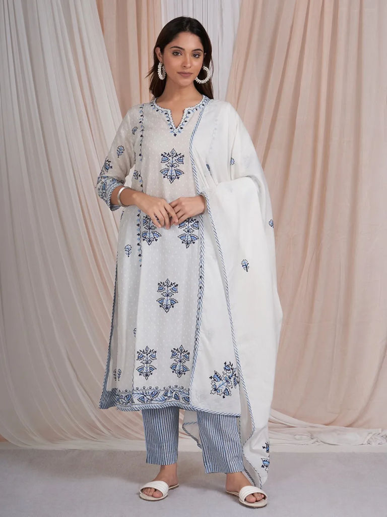 Off White Blue Aari Embroidered Cotton Dupatta