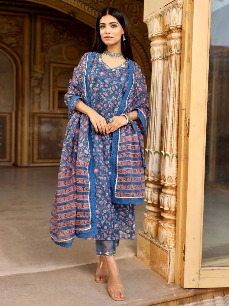 Blue Hand Block Printed Cotton Suit 