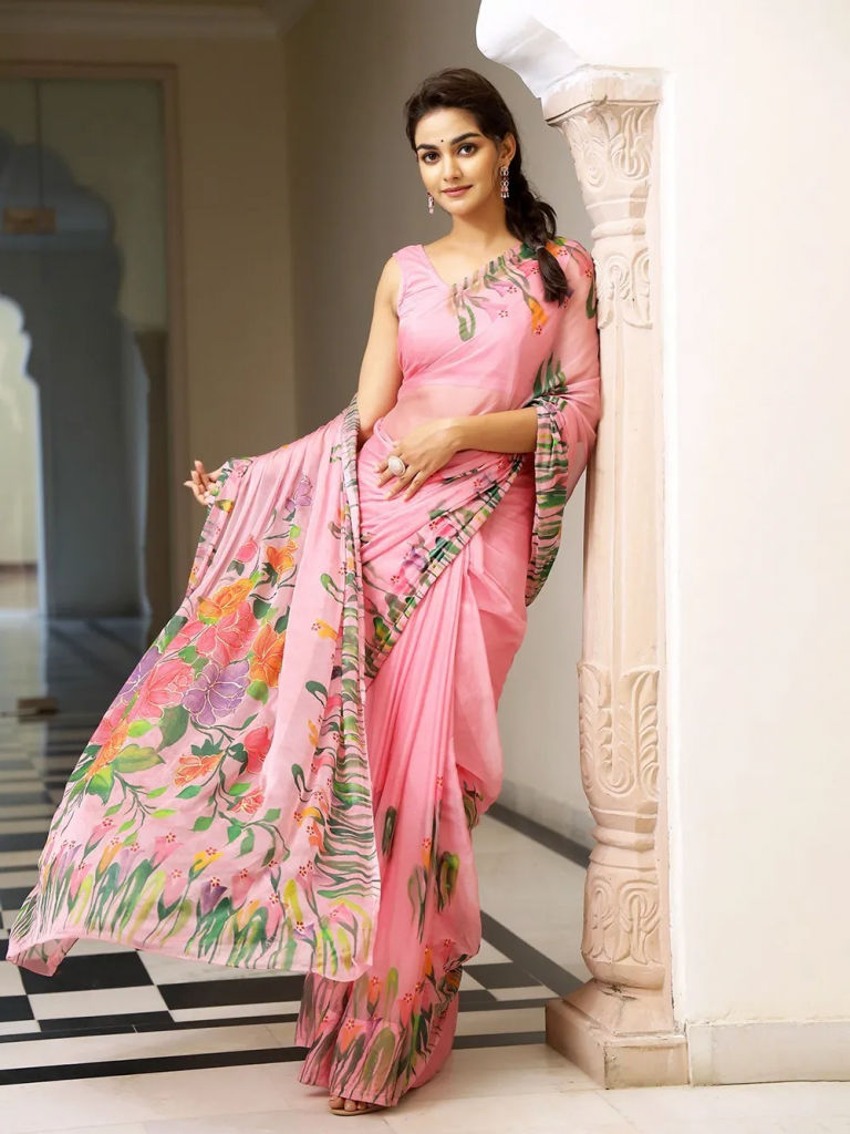 Pink Hand Painted Chiffon Saree