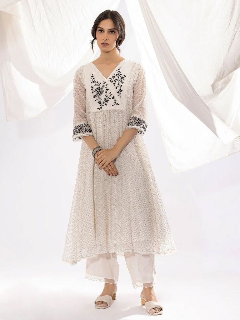 White Polka Dot Printed Chanderi Mul Chikankari Kurta with Pants