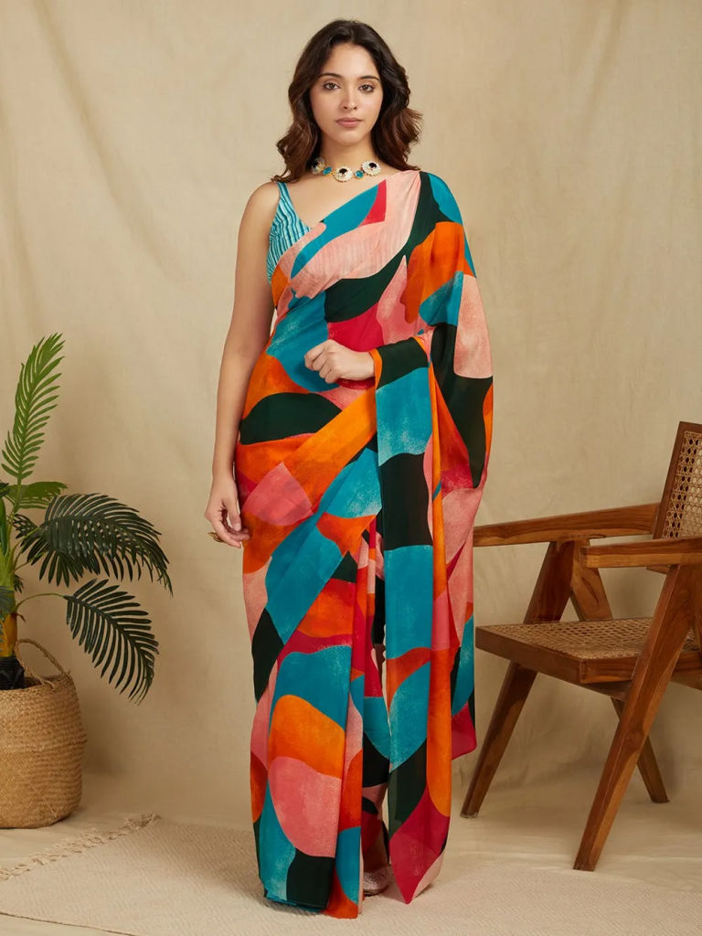 Multicolor Printed Crepe Saree