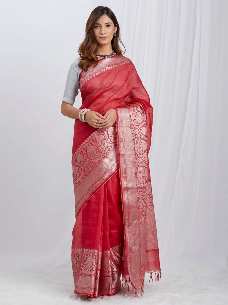 Red Banarasi Linen Saree