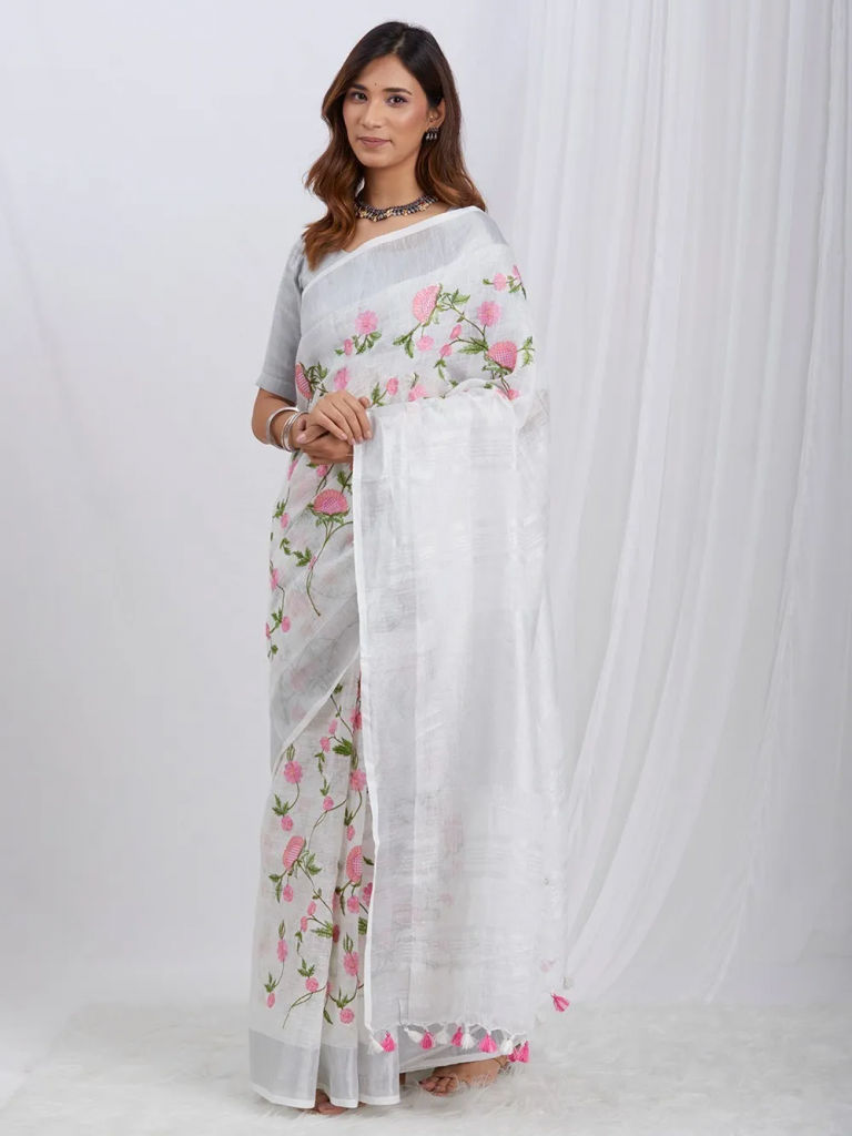 White Embroidered Linen Saree