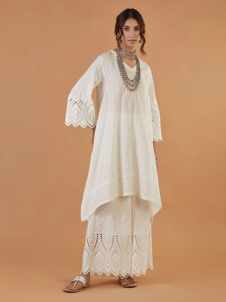 Off White Cotton Dobby Asymmetric Kurta with Palazzo