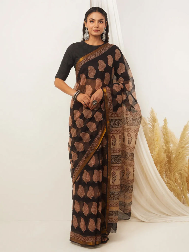 Black Bagru Hand Block Printed Kota Doria Saree