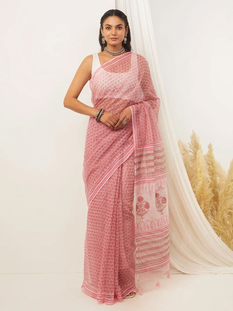 Pink Sanganeri Hand Block Printed Kota Doria Saree