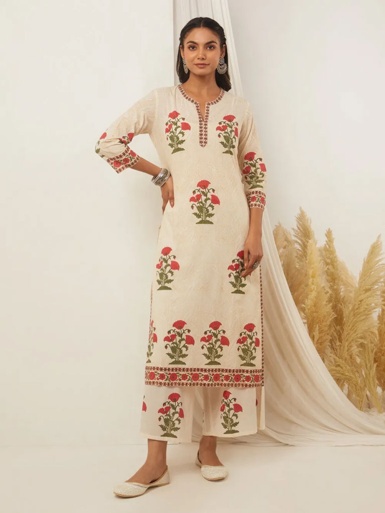 Off White Red Hand Block Printed Cotton Kurta