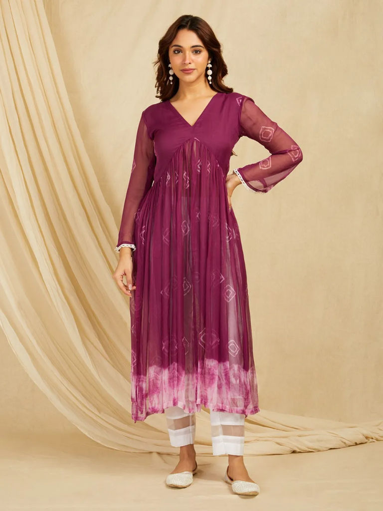 Purple Tie and Dye Chiffon Kurta with Pants