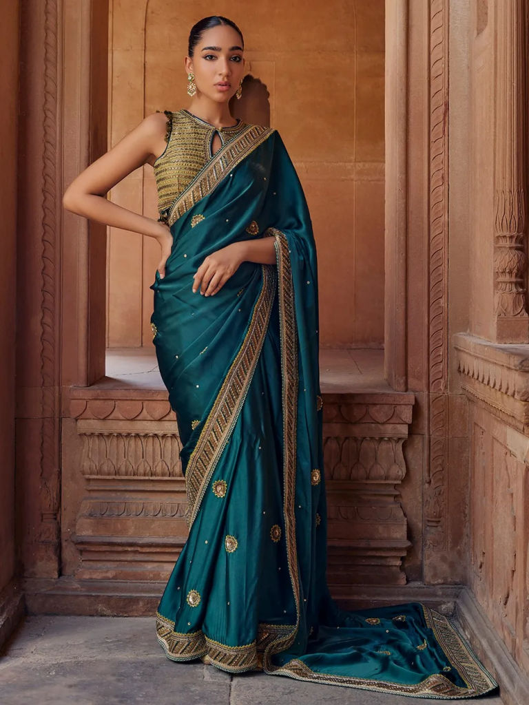 Green Hand Embroidered Silk Saree with Blouse 