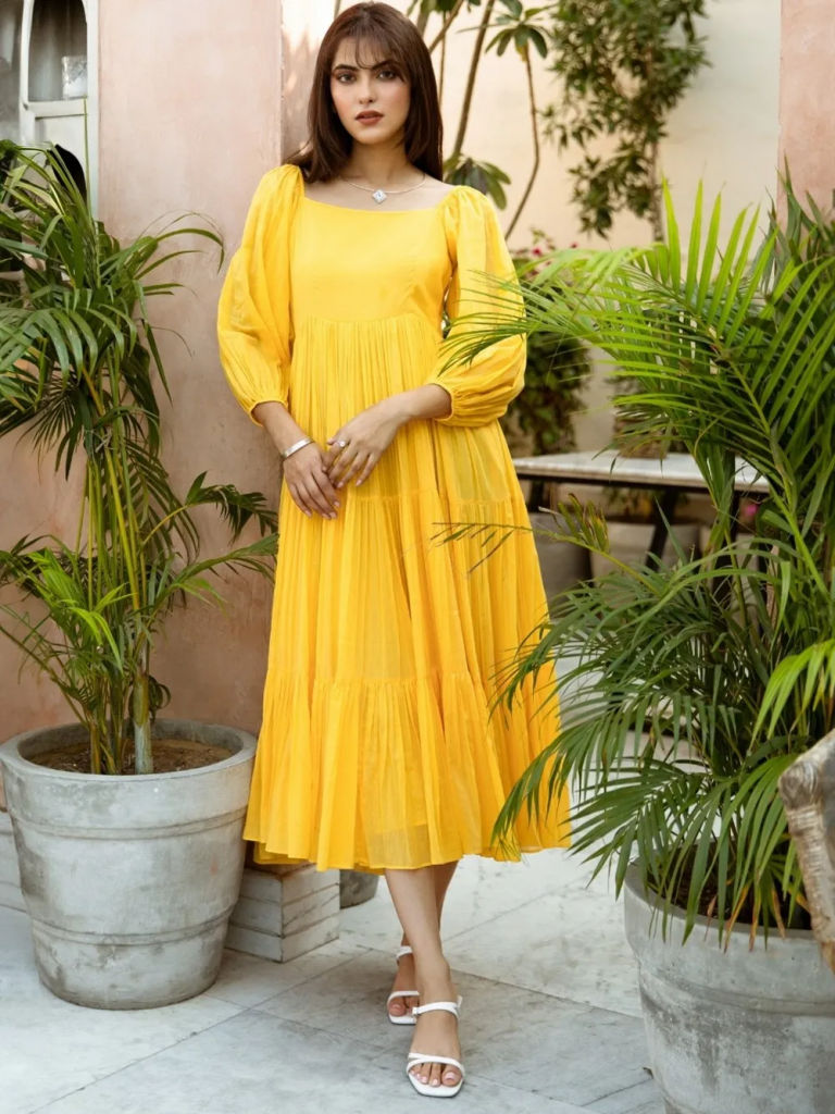 Yellow Cotton Mulmul Maxi Tiered Dress