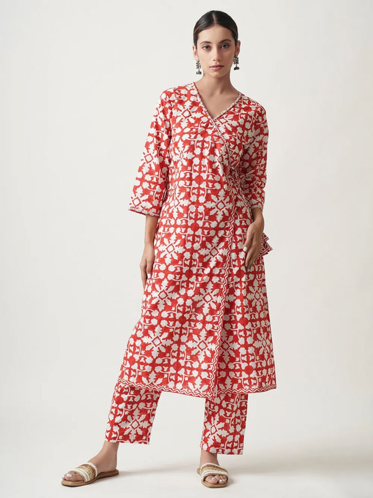 Red Hand Block Printed Cotton Kurta with Pants