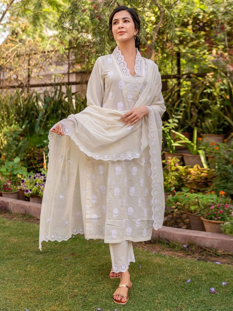 Ivory Cut Work Embroidered Cotton Suit with Mulmul Dupatta