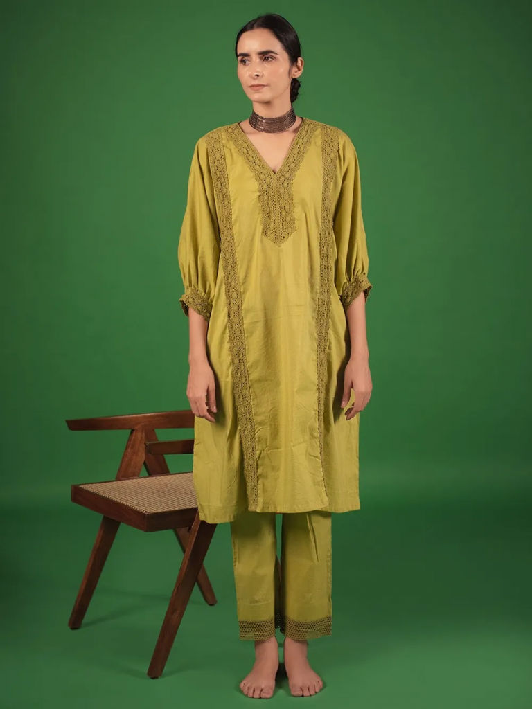 Lime Green Lace Work Organic Cotton Kaftan Kurta with Pants