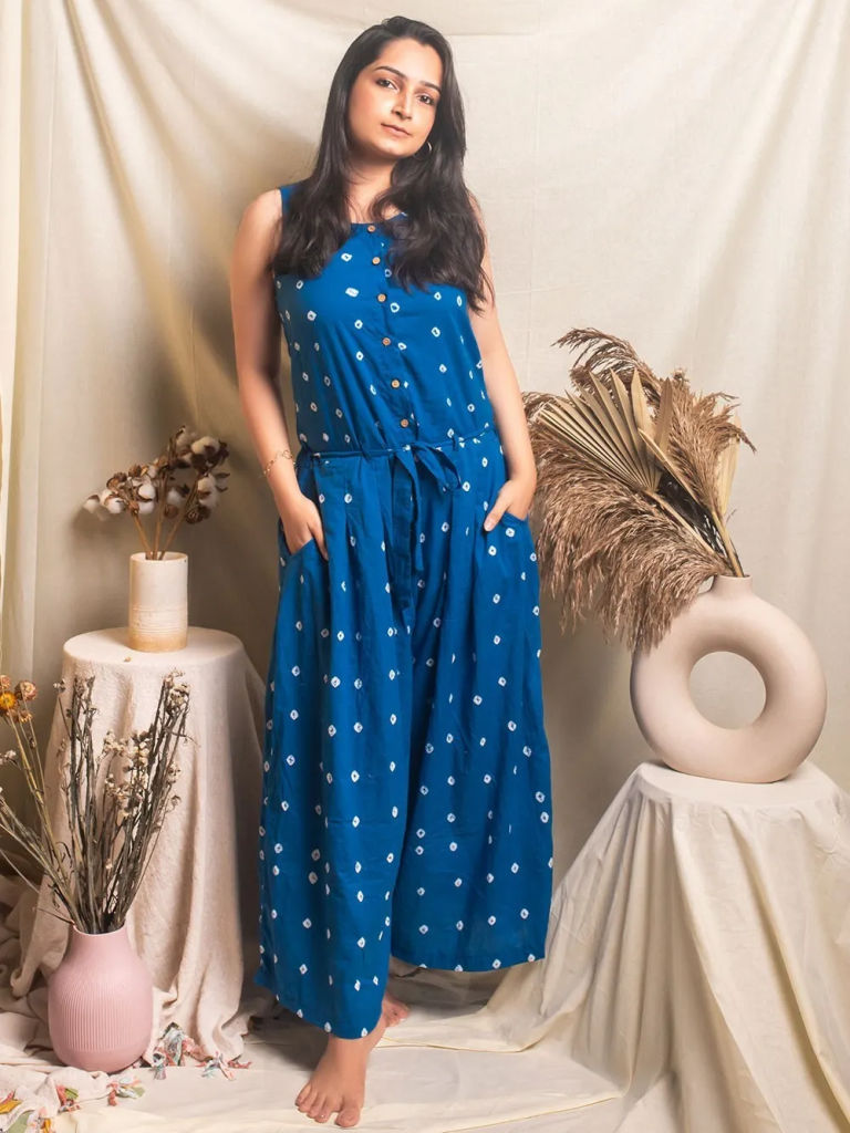 Blue Bandhani Cambric Cotton Jumpsuit with Belt