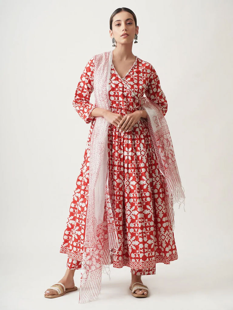 Red Hand Block Printed Cotton Suit