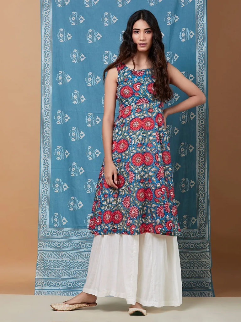 Blue Red Hand Block Printed Cotton Kurta with White Palazzo and Scarf