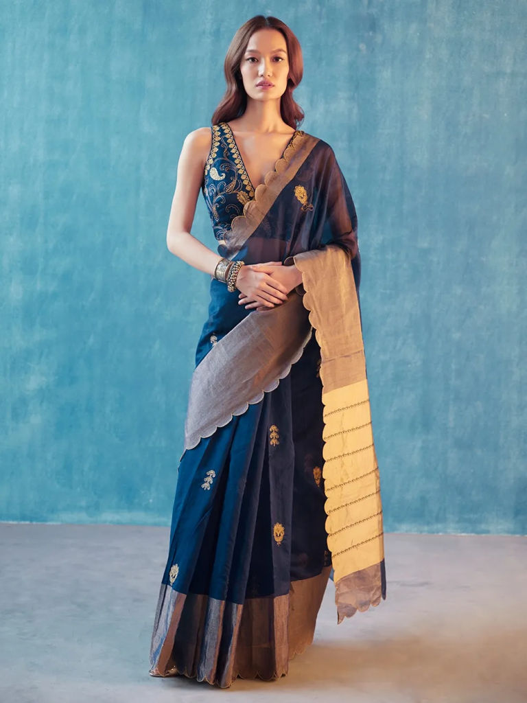 Navy Blue Embroidered Chanderi Silk Saree with Blouse