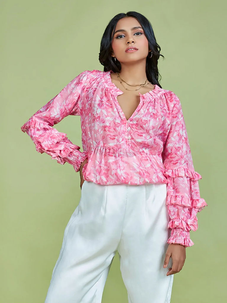 Pink Printed Cotton Linen Top