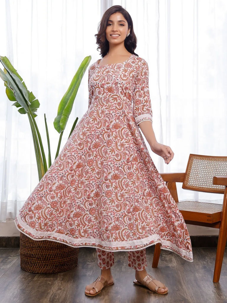 Orange White Floral Printed Cotton Anarkali Kurta with Pants