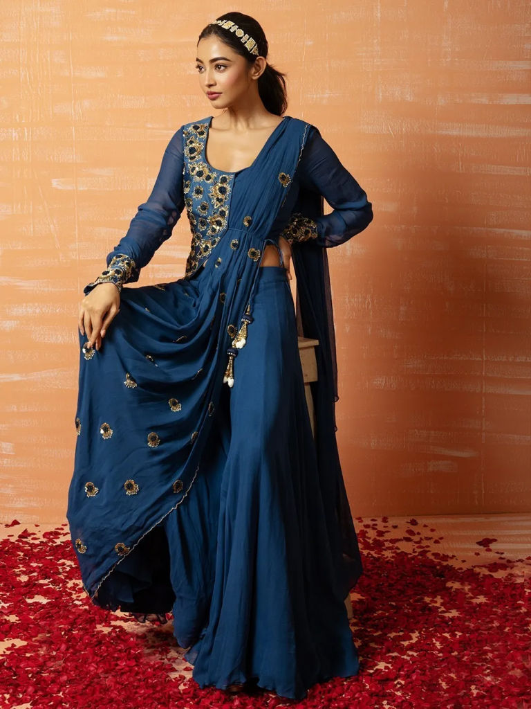 Blue Hand Embroidered Pre Stitched Georgette Saree with Silk Blouse