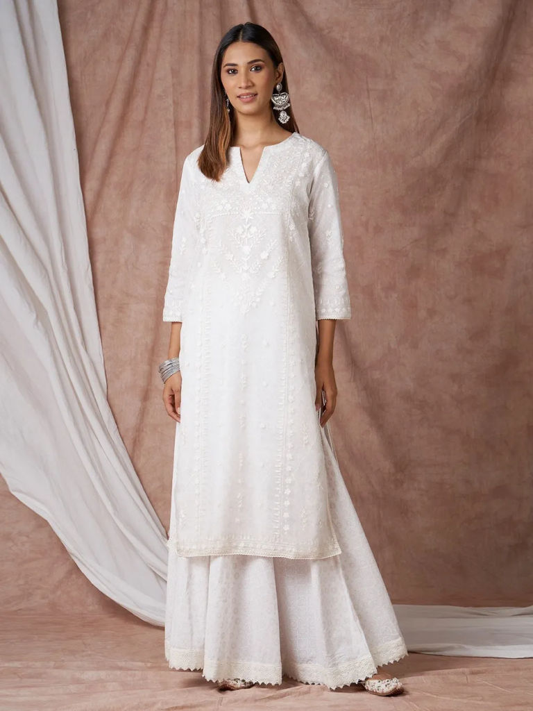 White Embroidered Organza Kurta