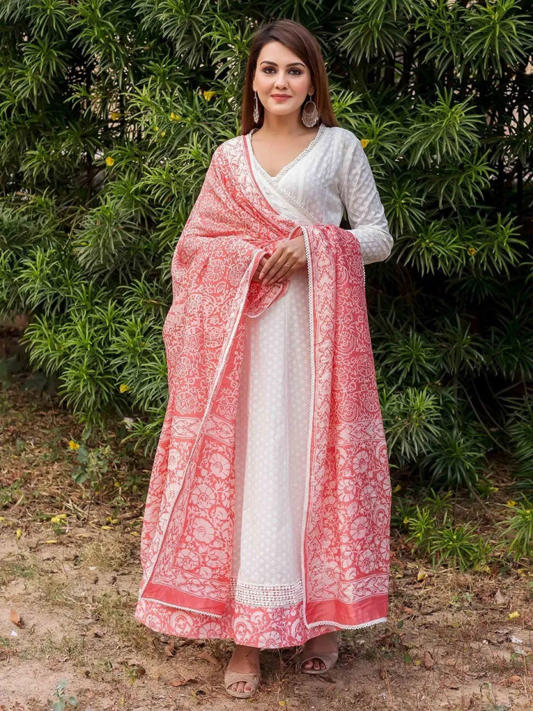 White Hand Block Printed Cotton Angrakha Dress with Peach Dupatta