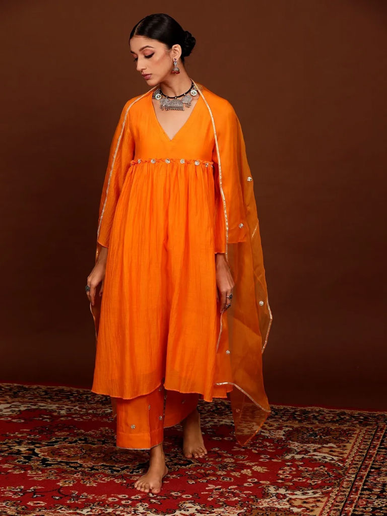 Orange Gota Work Chanderi Suit with Organza Dupatta