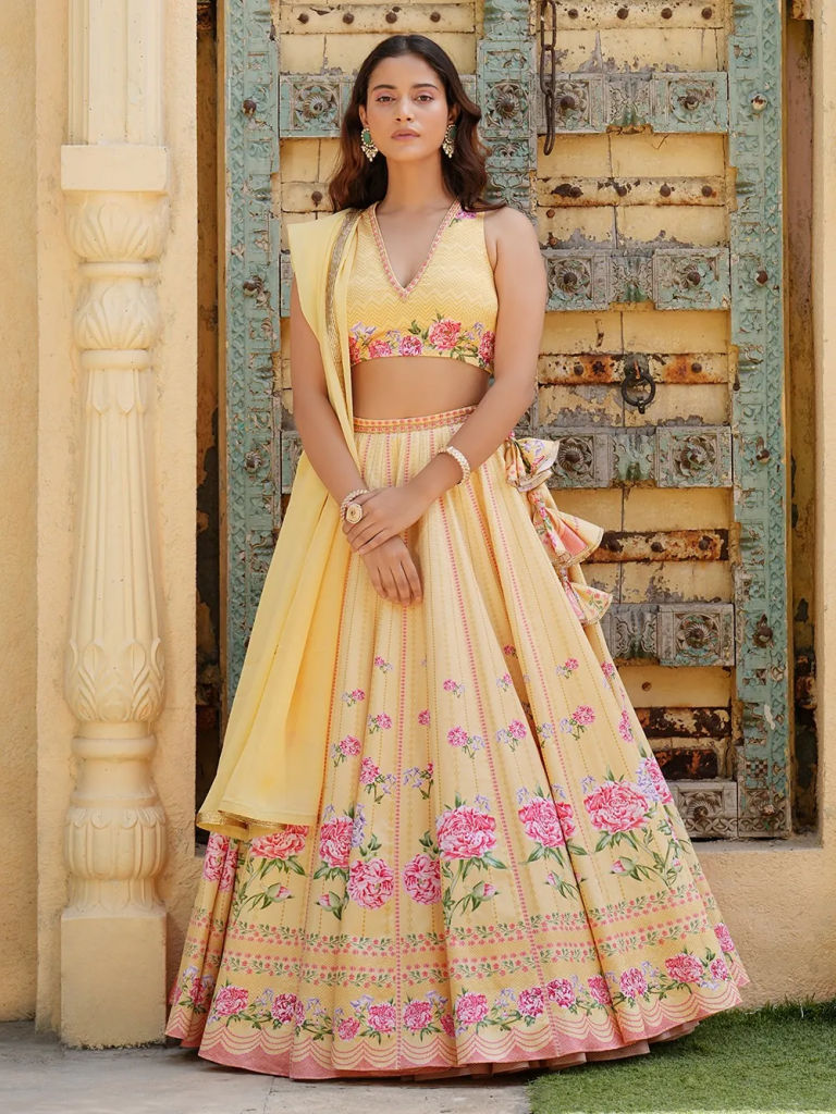 Yellow Hand Embroidered Cotton Satin Printed Lehenga Set