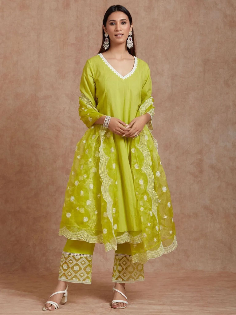 Yellow Lace Work Cotton Kurta with Pants