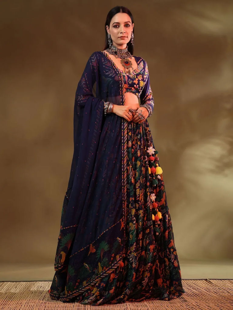 Blue Printed Modal Satin Blouse with Chiffon Lehenga and Dupatta