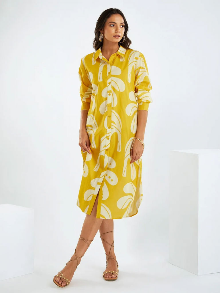 Yellow Printed Cotton Shirt Dress