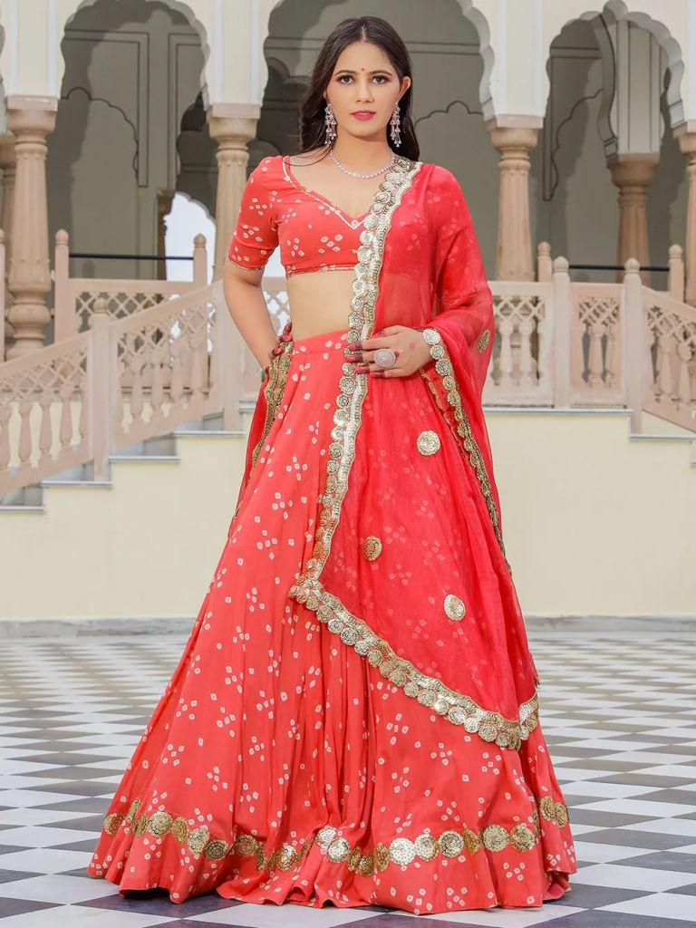 Coral Bandhani Hand Block Printed Modal Silk Lehenga Set