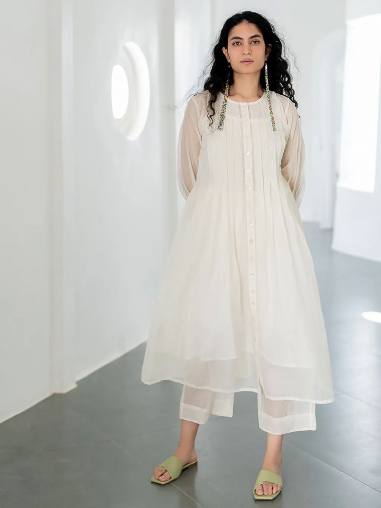 White Pleated Chanderi Kurta with Slip