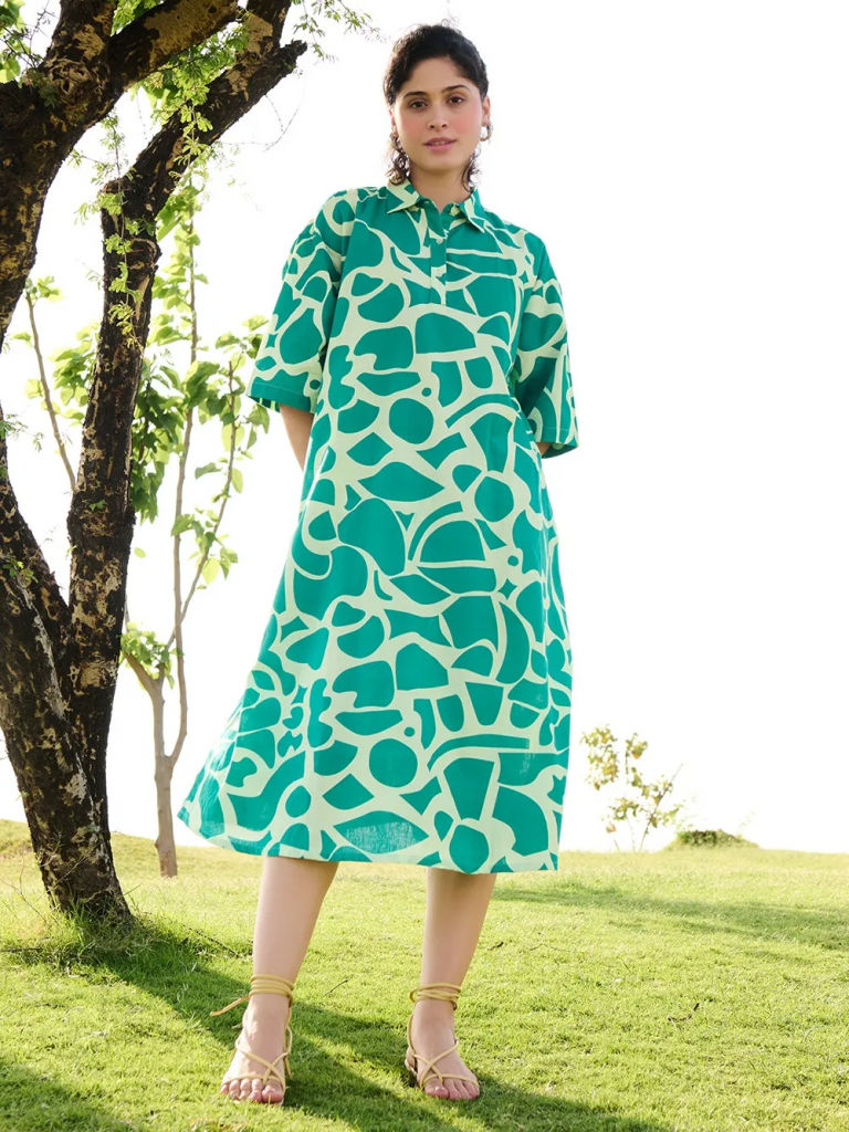 Green Printed Cotton Linen Dress